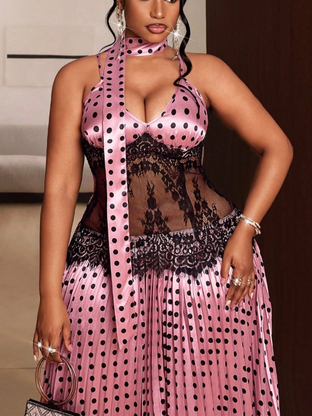 Pink Sexy Women's plus size Polka Dot Lace Patchwork V-Neck Elegant maxi Dress - Picture 5 of 7